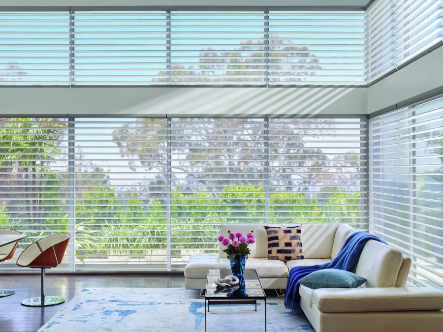A living area with floor-to-ceiling windows covered by Hunter Douglas blinds letting in diffuse sunlight. 